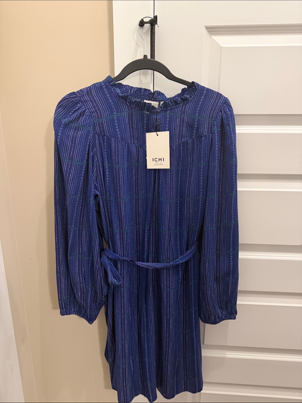 ICHI Blue Long-Sleeve Belted Midi Dress